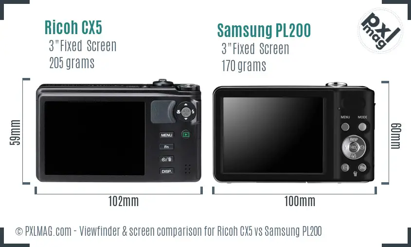 Ricoh CX5 vs Samsung PL200 Screen and Viewfinder comparison