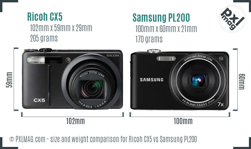 Ricoh CX5 vs Samsung PL200 size comparison