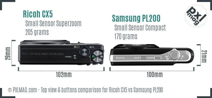 Ricoh CX5 vs Samsung PL200 top view buttons comparison