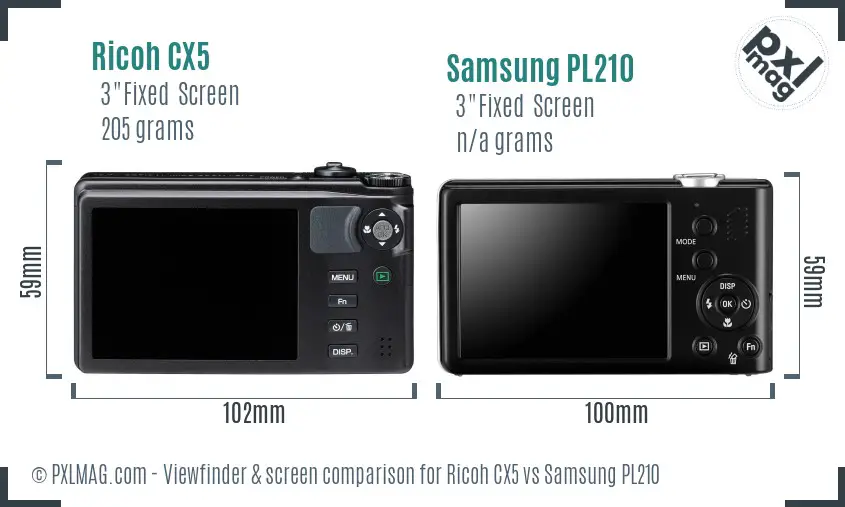 Ricoh CX5 vs Samsung PL210 Screen and Viewfinder comparison