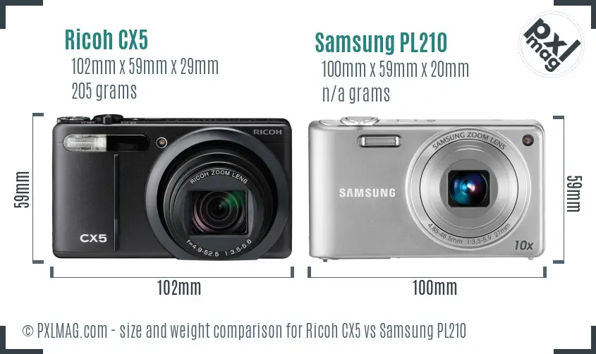 Ricoh CX5 vs Samsung PL210 size comparison