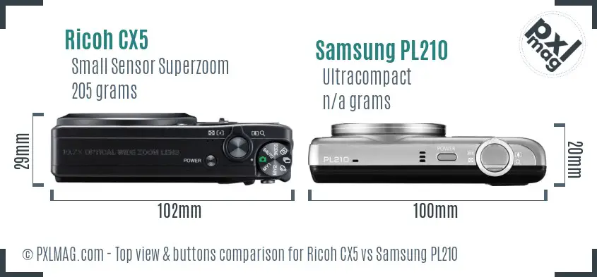 Ricoh CX5 vs Samsung PL210 top view buttons comparison