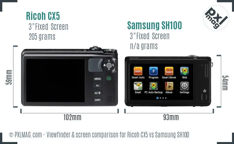 Ricoh CX5 vs Samsung SH100 Screen and Viewfinder comparison
