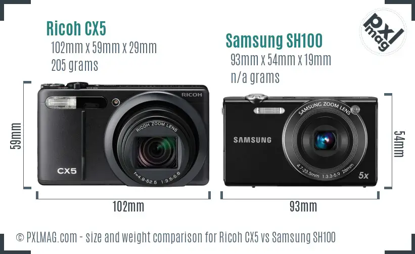 Ricoh CX5 vs Samsung SH100 size comparison