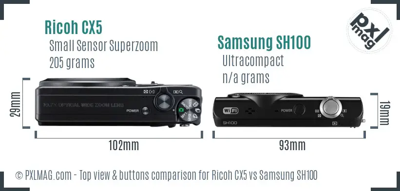 Ricoh CX5 vs Samsung SH100 top view buttons comparison