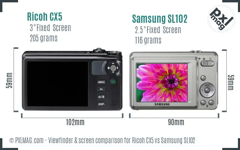 Ricoh CX5 vs Samsung SL102 Screen and Viewfinder comparison