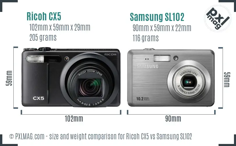 Ricoh CX5 vs Samsung SL102 size comparison