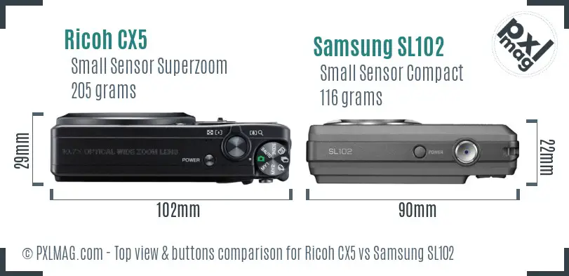 Ricoh CX5 vs Samsung SL102 top view buttons comparison