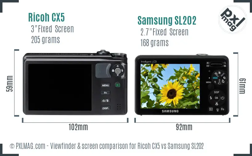 Ricoh CX5 vs Samsung SL202 Screen and Viewfinder comparison