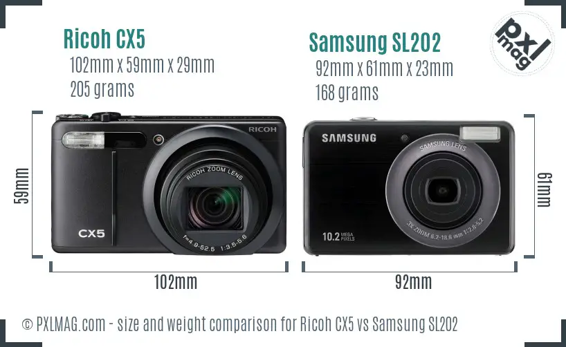 Ricoh CX5 vs Samsung SL202 size comparison