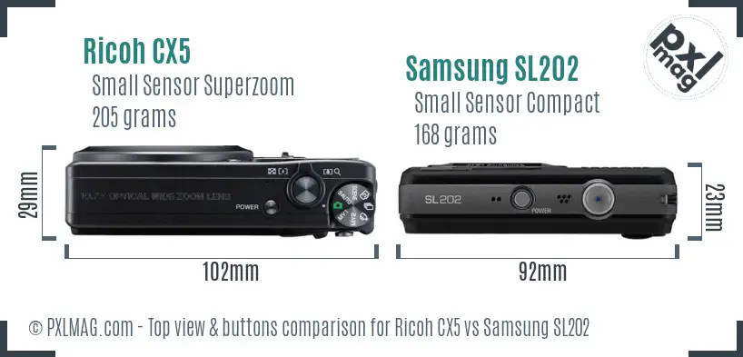 Ricoh CX5 vs Samsung SL202 top view buttons comparison