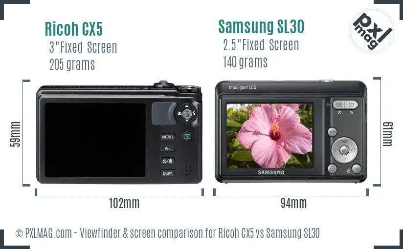 Ricoh CX5 vs Samsung SL30 Screen and Viewfinder comparison