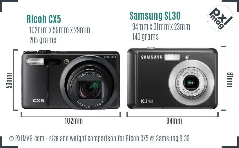 Ricoh CX5 vs Samsung SL30 size comparison