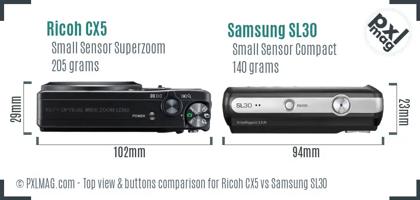 Ricoh CX5 vs Samsung SL30 top view buttons comparison