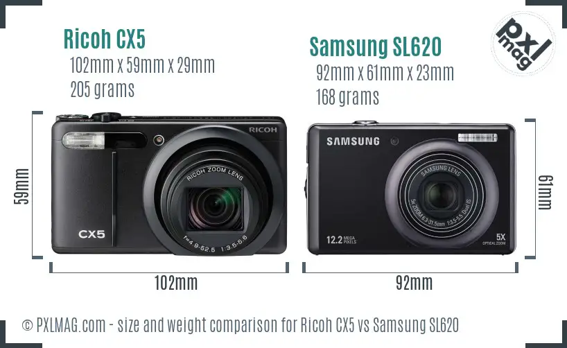 Ricoh CX5 vs Samsung SL620 size comparison