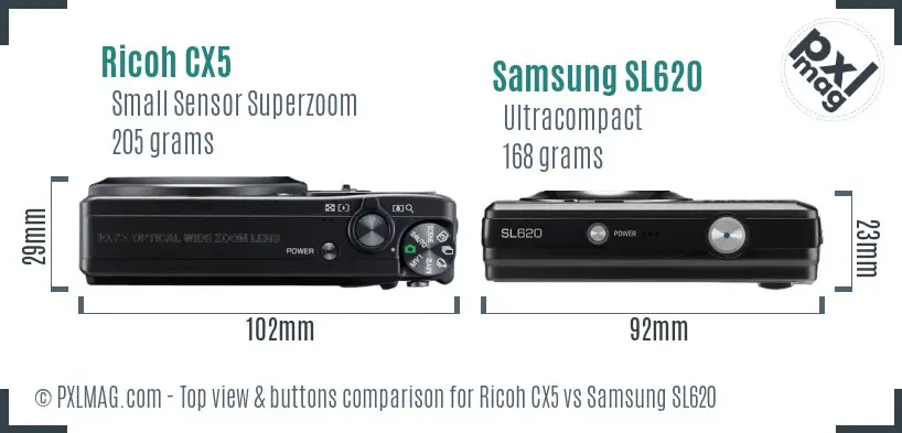 Ricoh CX5 vs Samsung SL620 top view buttons comparison