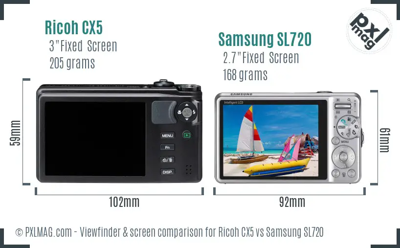 Ricoh CX5 vs Samsung SL720 Screen and Viewfinder comparison