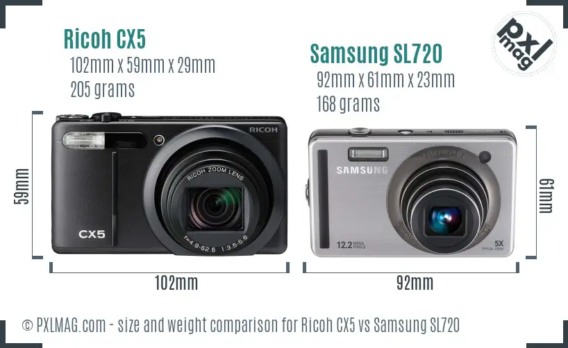 Ricoh CX5 vs Samsung SL720 size comparison