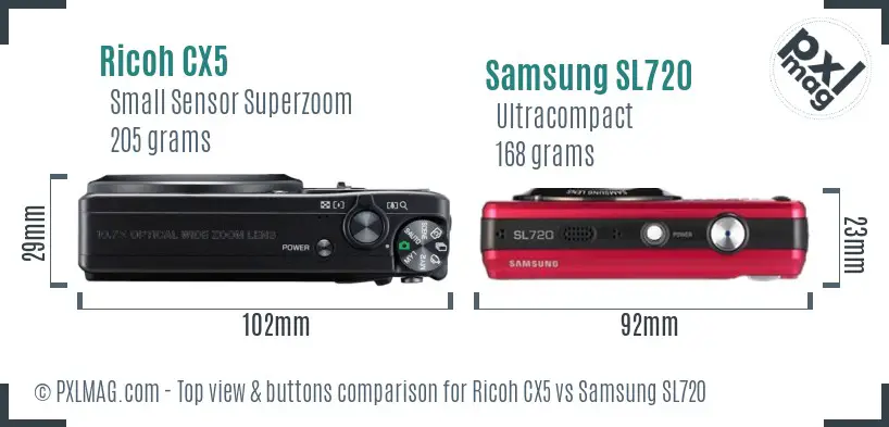 Ricoh CX5 vs Samsung SL720 top view buttons comparison