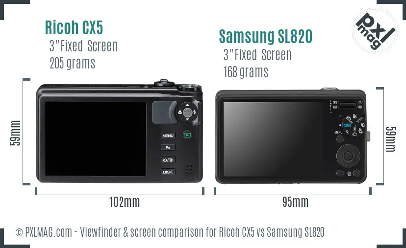 Ricoh CX5 vs Samsung SL820 Screen and Viewfinder comparison