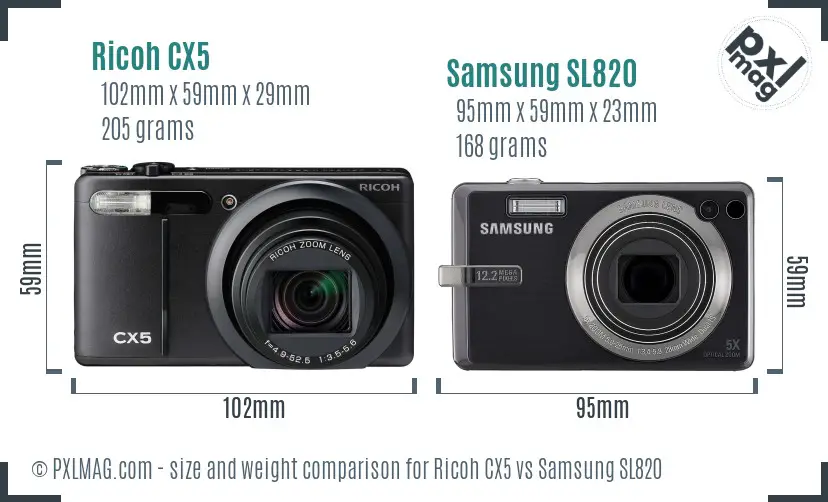 Ricoh CX5 vs Samsung SL820 size comparison
