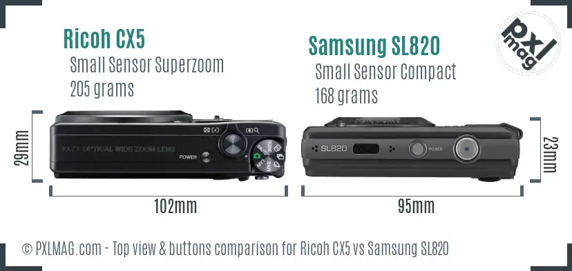 Ricoh CX5 vs Samsung SL820 top view buttons comparison