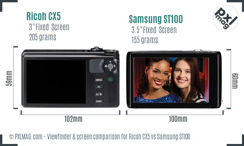 Ricoh CX5 vs Samsung ST100 Screen and Viewfinder comparison