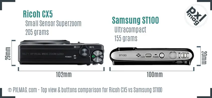 Ricoh CX5 vs Samsung ST100 top view buttons comparison