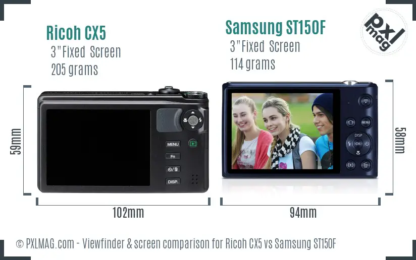 Ricoh CX5 vs Samsung ST150F Screen and Viewfinder comparison