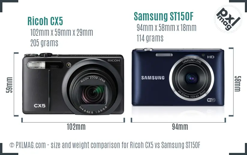 Ricoh CX5 vs Samsung ST150F size comparison