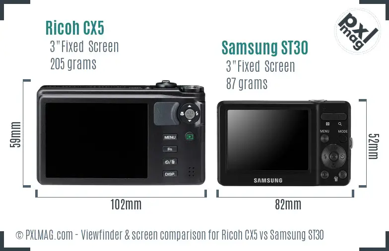 Ricoh CX5 vs Samsung ST30 Screen and Viewfinder comparison