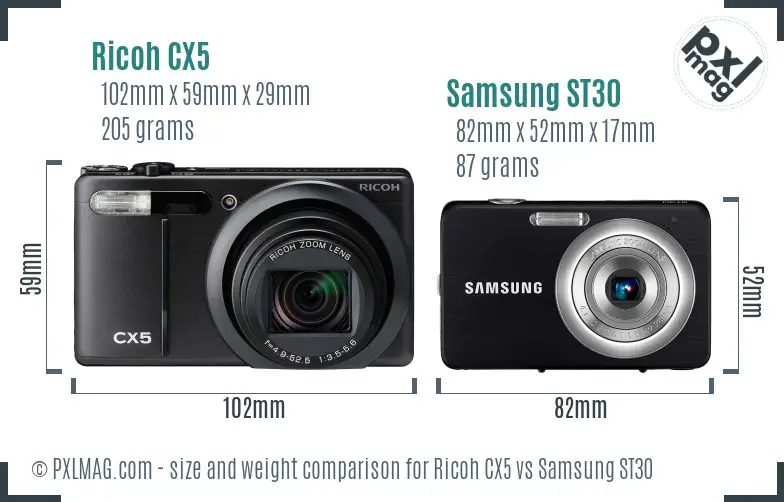 Ricoh CX5 vs Samsung ST30 size comparison