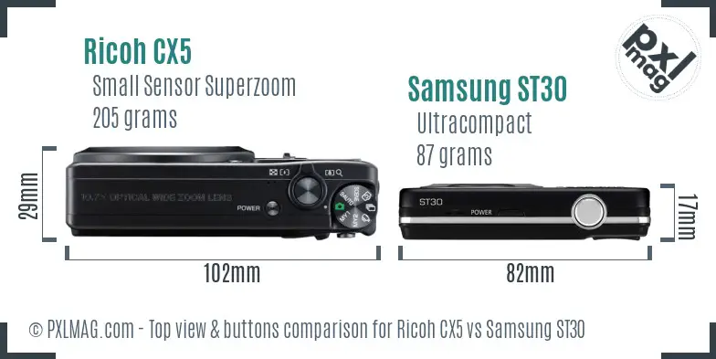 Ricoh CX5 vs Samsung ST30 top view buttons comparison