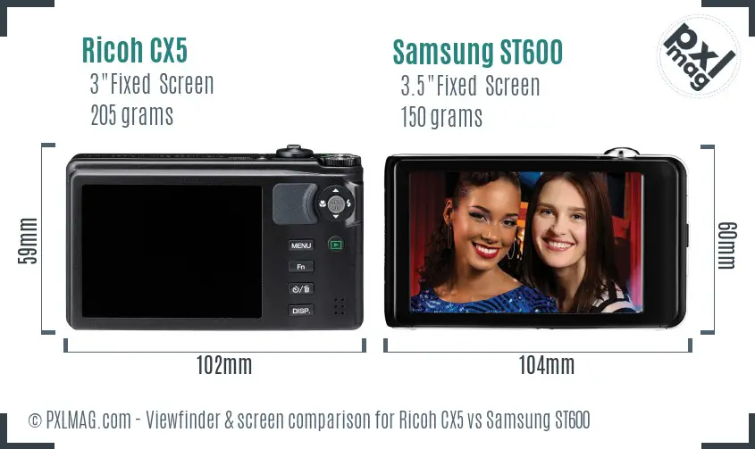 Ricoh CX5 vs Samsung ST600 Screen and Viewfinder comparison