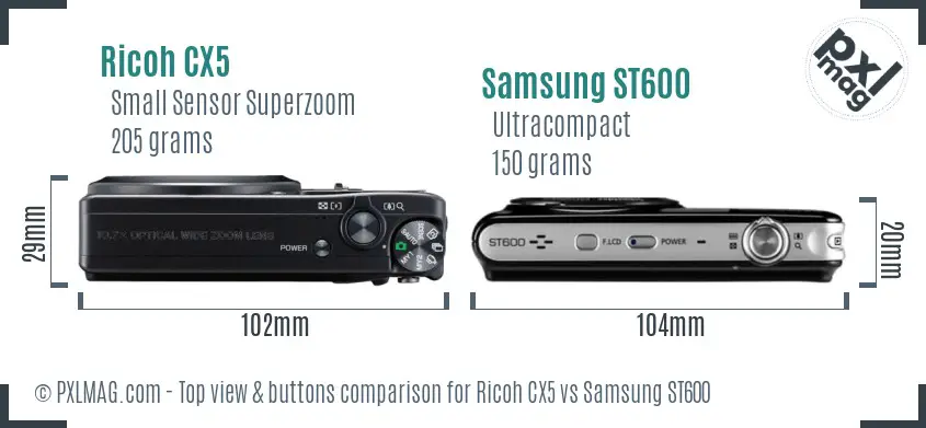 Ricoh CX5 vs Samsung ST600 top view buttons comparison