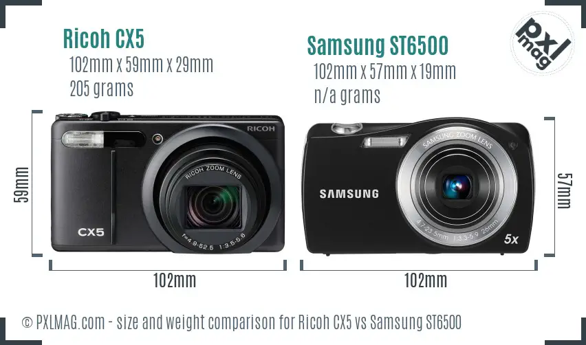 Ricoh CX5 vs Samsung ST6500 size comparison Ricoh CX5 vs Samsung ST6500 size comparison