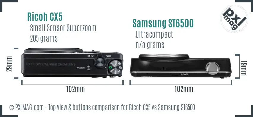 Ricoh CX5 vs Samsung ST6500 top view buttons comparison Ricoh CX5 vs Samsung ST6500 top view buttons comparison