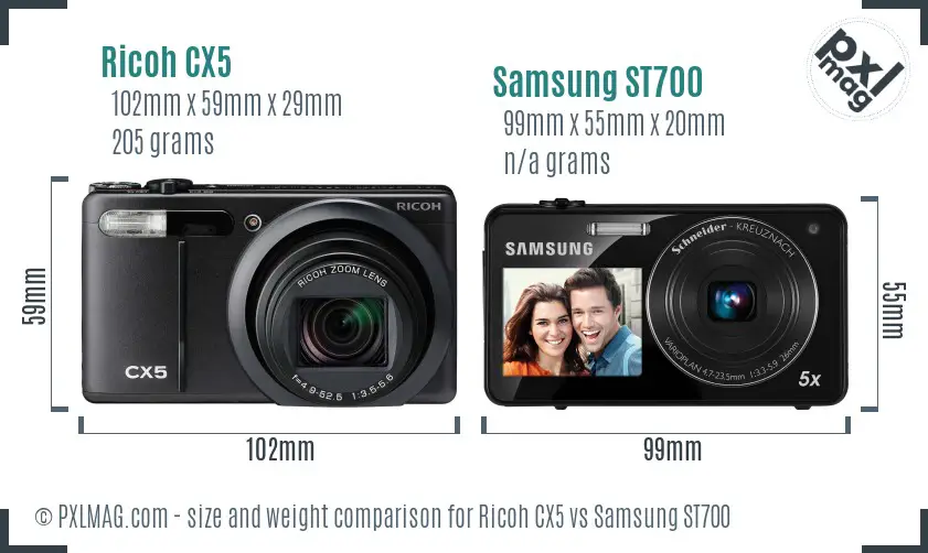 Ricoh CX5 vs Samsung ST700 size comparison