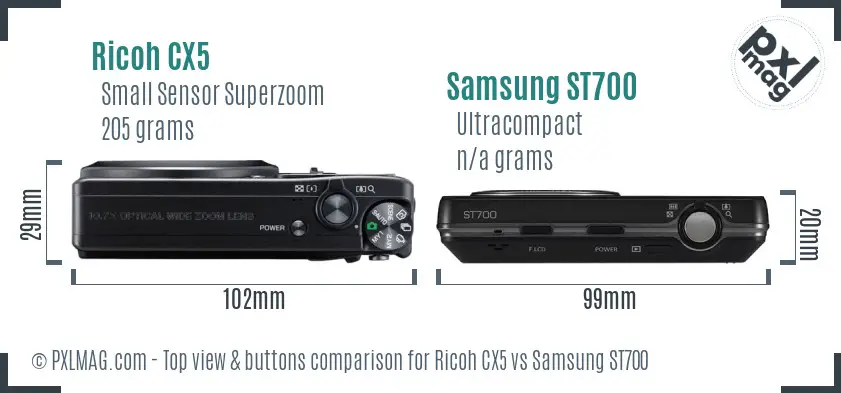 Ricoh CX5 vs Samsung ST700 top view buttons comparison