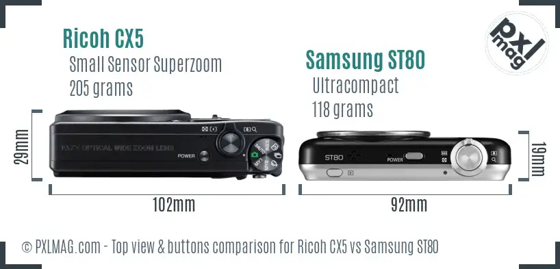 Ricoh CX5 vs Samsung ST80 top view buttons comparison
