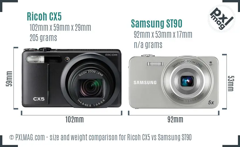 Ricoh CX5 vs Samsung ST90 size comparison