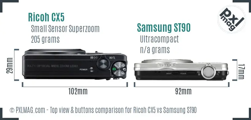 Ricoh CX5 vs Samsung ST90 top view buttons comparison