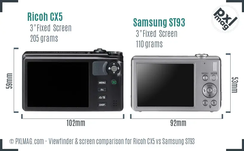 Ricoh CX5 vs Samsung ST93 Screen and Viewfinder comparison