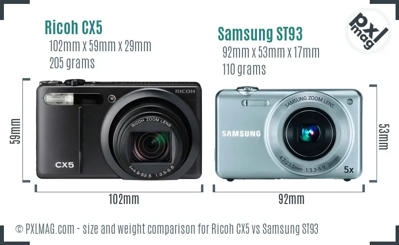 Ricoh CX5 vs Samsung ST93 size comparison