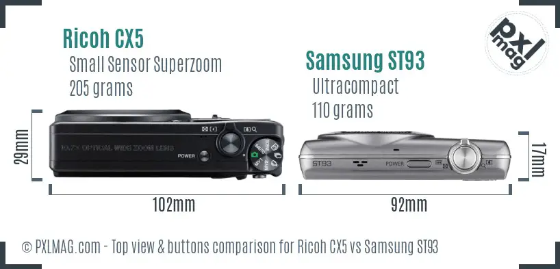 Ricoh CX5 vs Samsung ST93 top view buttons comparison