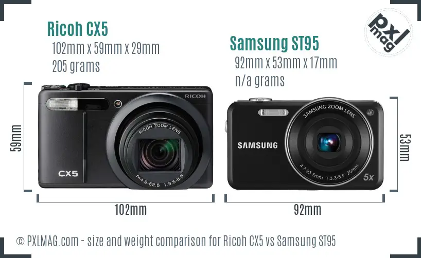 Ricoh CX5 vs Samsung ST95 size comparison