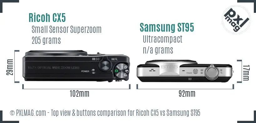 Ricoh CX5 vs Samsung ST95 top view buttons comparison