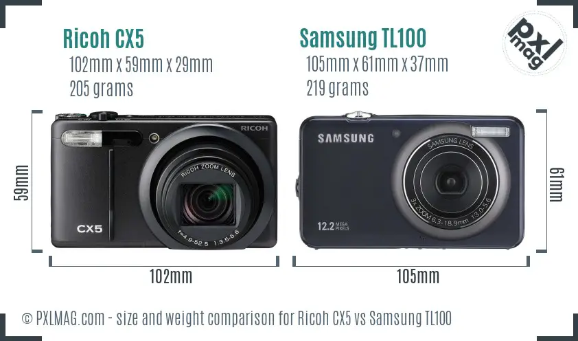 Ricoh CX5 vs Samsung TL100 size comparison