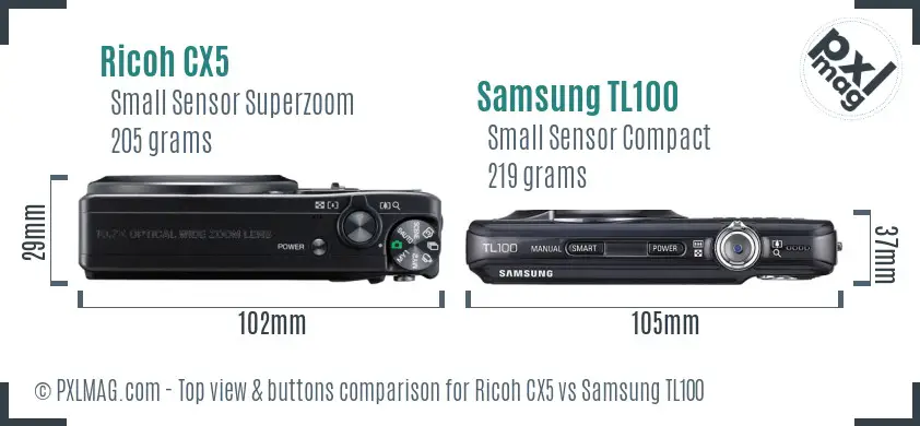 Ricoh CX5 vs Samsung TL100 top view buttons comparison