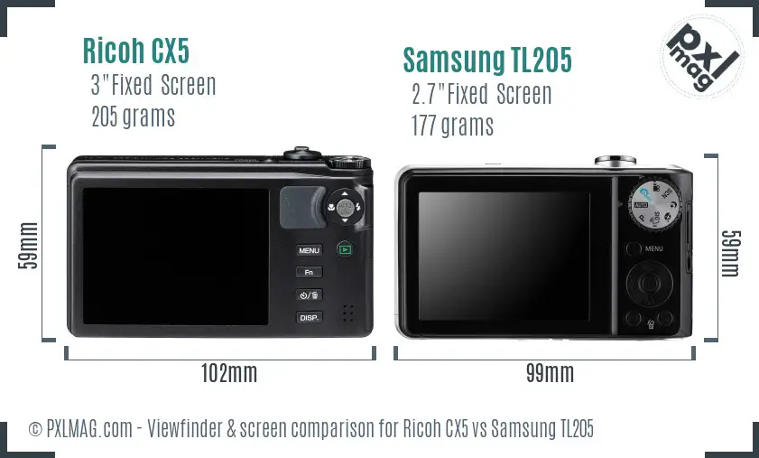 Ricoh CX5 vs Samsung TL205 Screen and Viewfinder comparison